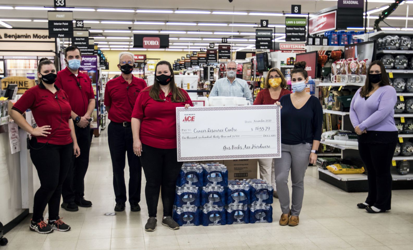 Pictured at the check presentation are (from left to right) Melanie Wright, Gus Bock’s associate, Adam White, Gus Bock’s manager, Tony Marocchi, Gus Bock’s associate; Kayla Stilwell, Gus Bock’s associate, Anthony Andello, manager of Outreach, Cancer Resource Centre; Roxy Propeck, manager of Cancer Resources & Clinical Trials, Community Cancer Research Foundation; Kimmie Montella, operational assistant, Community Cancer Research Foundation and Vita Ayala, Outreach Coordinator, Cancer Resource Centre. 